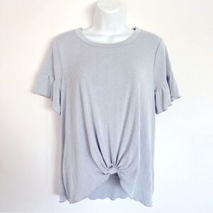 Bluish Grey Ruffle Sleeve Knot Front Top